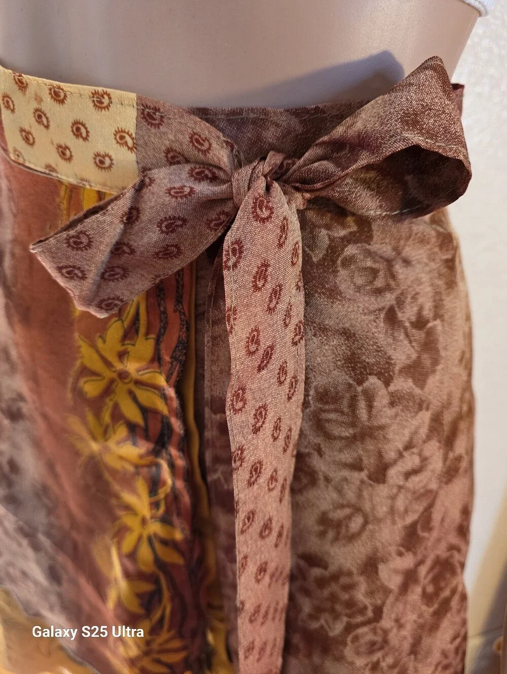 Earthbound Trading Co. Gold Burgundy  Wrap Skirt Mini Polyester Boho